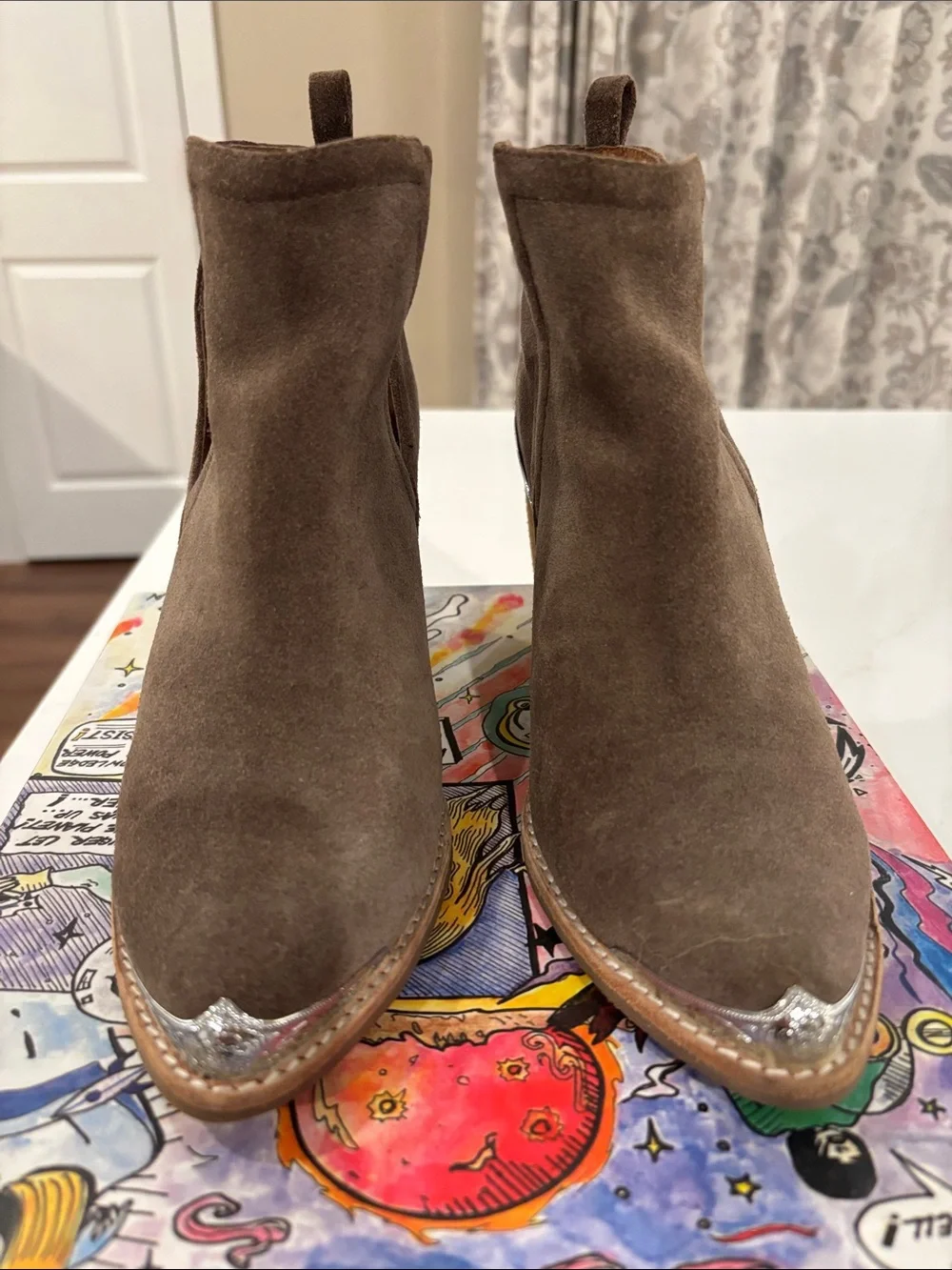 Jeffrey Campbell Brown Suede Ankle Booties with Silver Trim